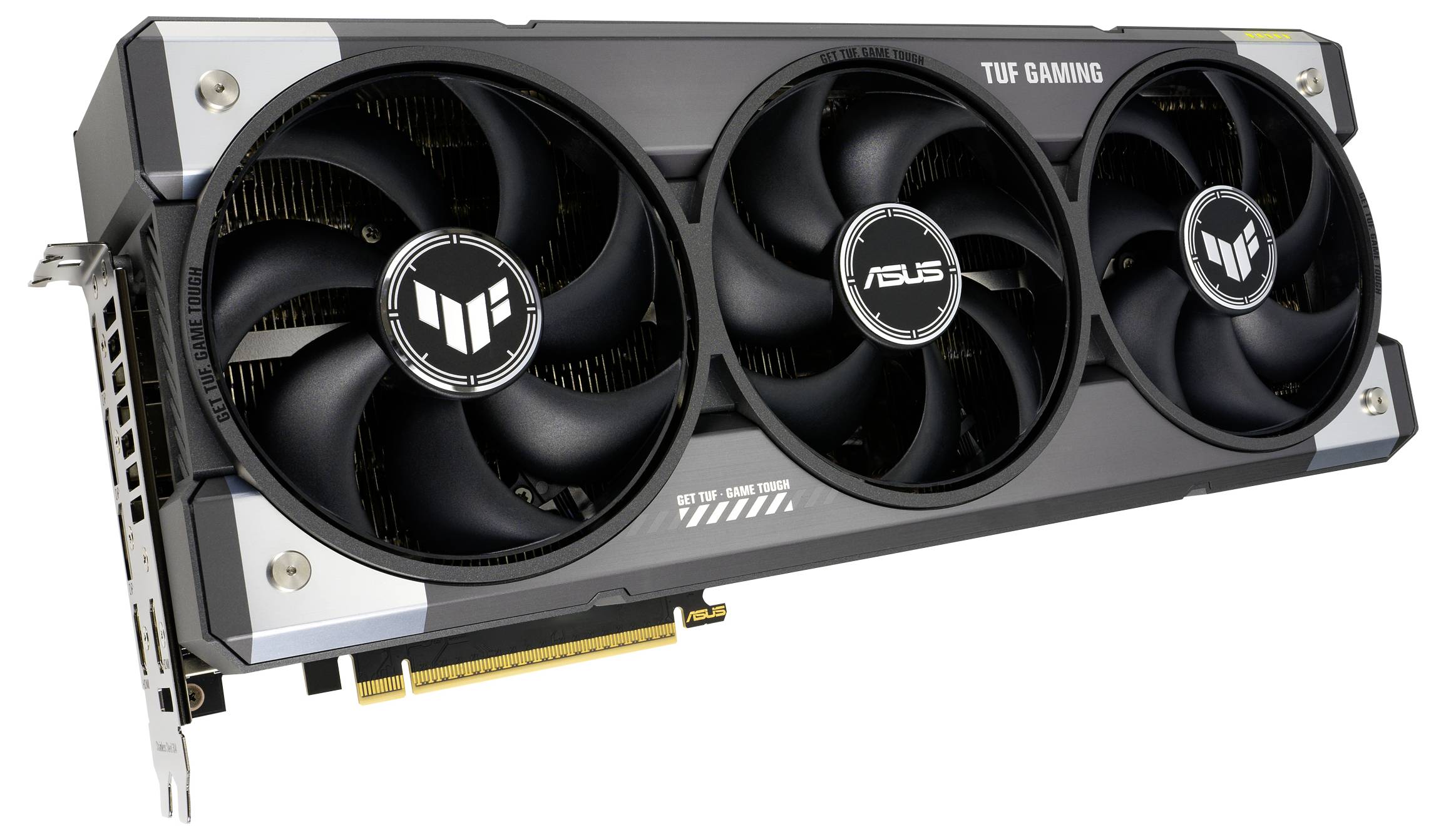 Een TUF Gaming-videokaart van ASUS met drie grote ventilators en een zwart-grijs behuizing.