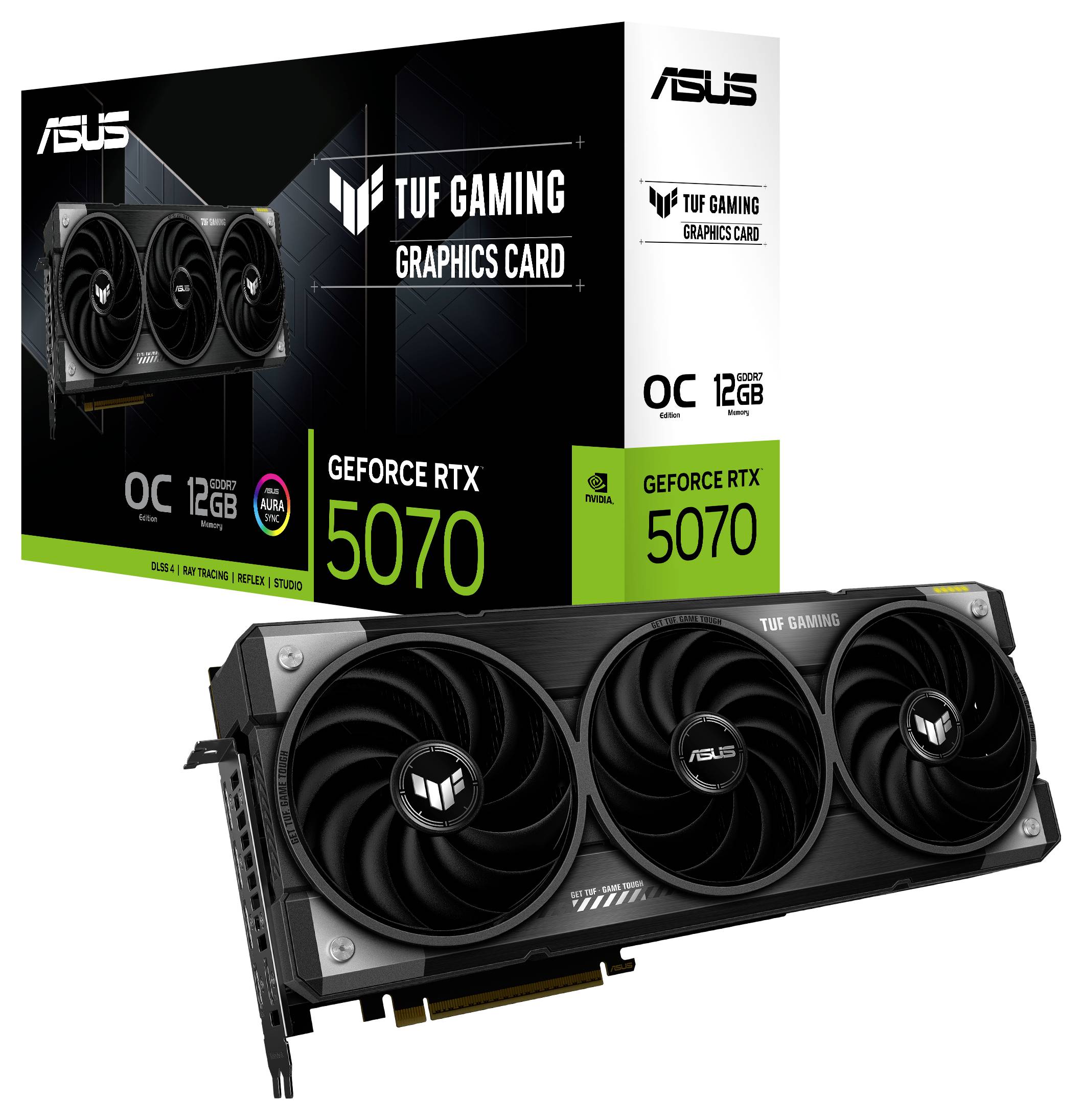 Een Asus TUF Gaming videokaart met drie ventilatoren, naast de verpakking met de tekst 'GeForce RTX 5070 OC 12GB'.