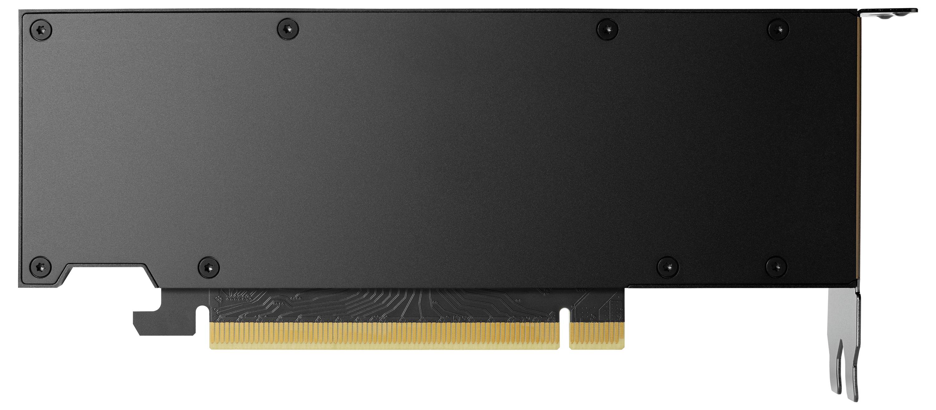 'Een zwarte computervideokaart met een metalen achterkant, waarbij de PCIe-connector aan de onderste rand zichtbaar is.'