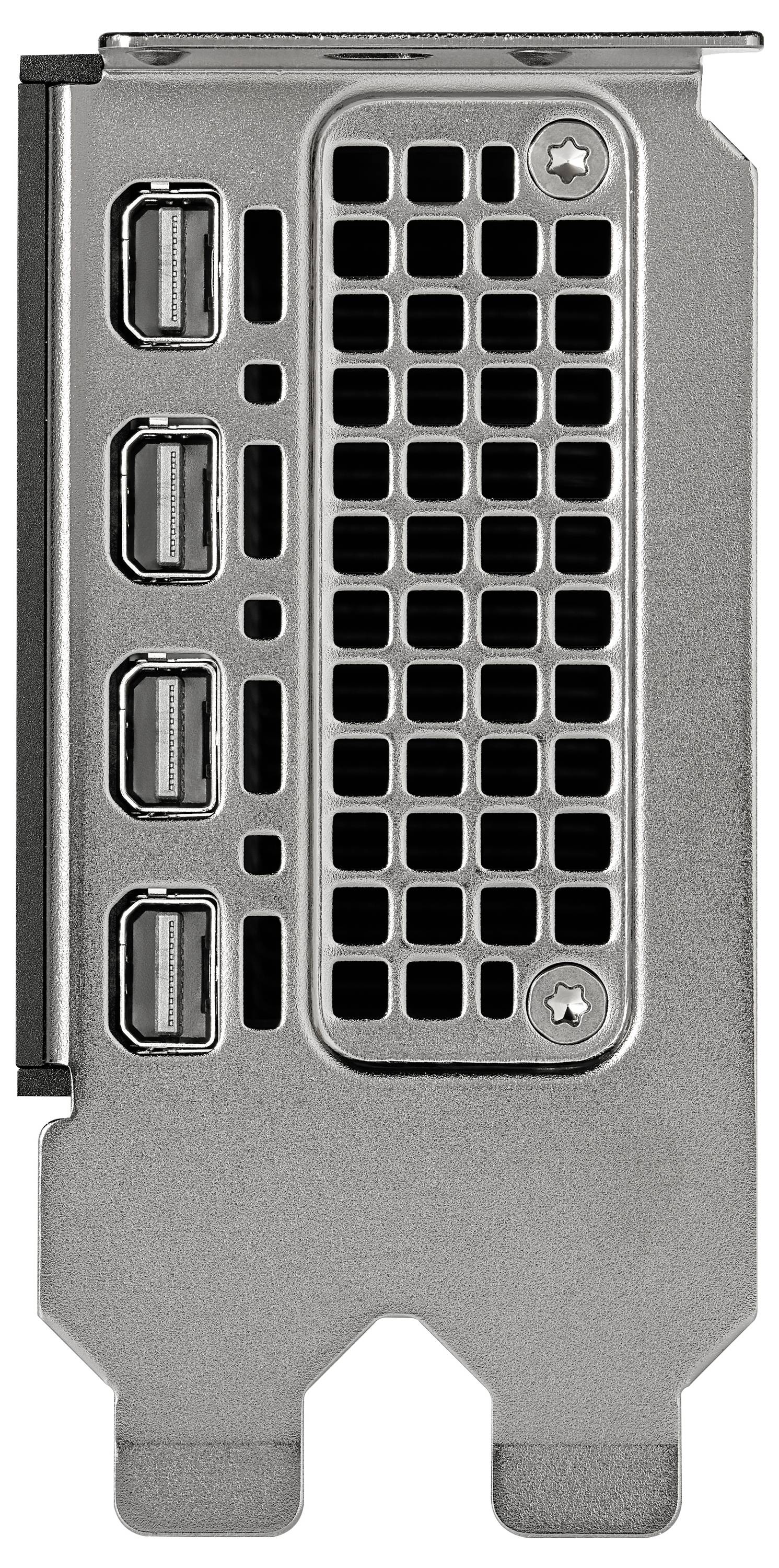 Een metalen computergrafikakaart achterpaneel met drie DisplayPort-aansluitingen en een ventilatierooster.