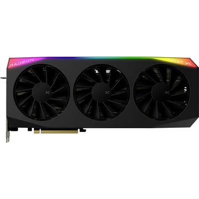 Een zwarte videokaart met drie grote koelventilators, RGB-verlichting langs de rand, met de merknamen 'Radeon' en 'XFX' gedrukt op de behuizing.