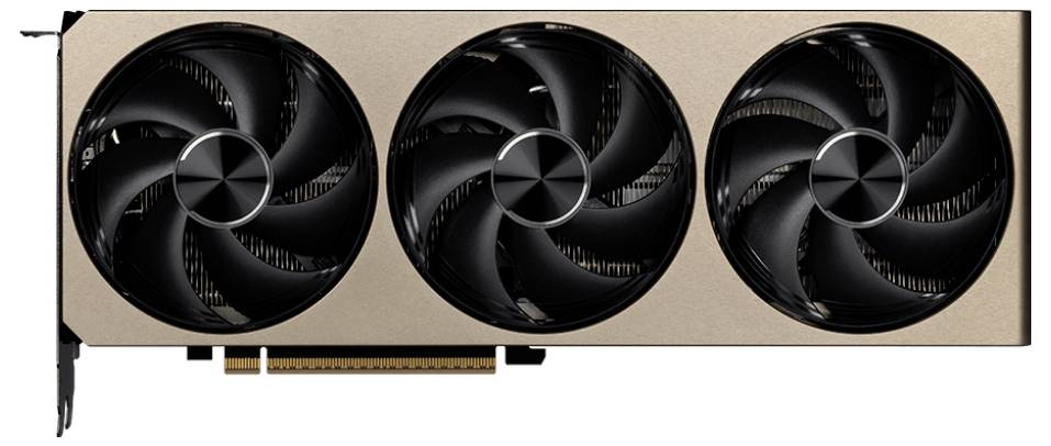 Een videokaart met drie grote koelventilators aan de voorzijde, voorzien van een metaalkleurige afwerking en een PCIe-aansluiting voor installatie.