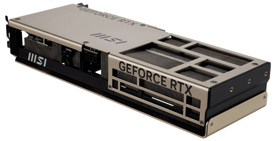 'Een grafische kaart met het label GEFORCE RTX in een beige en zwarte kleurencombinatie, met meerdere koelventilatieopeningen.'