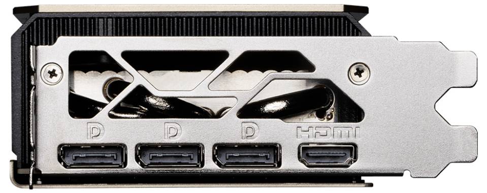 Achterkant van een grafische kaart met één HDMI-poort en drie DisplayPorts naast elkaar gerangschikt.