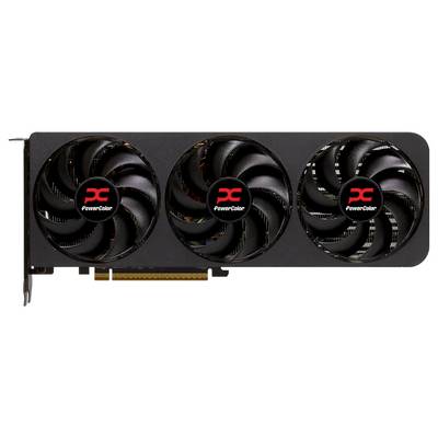 Een videokaart met drie koelventilators gelabeld als 'PowerColor', voorzien van een PCIe-aansluiting, gebruikt voor het verbeteren van de computergrafische prestaties.