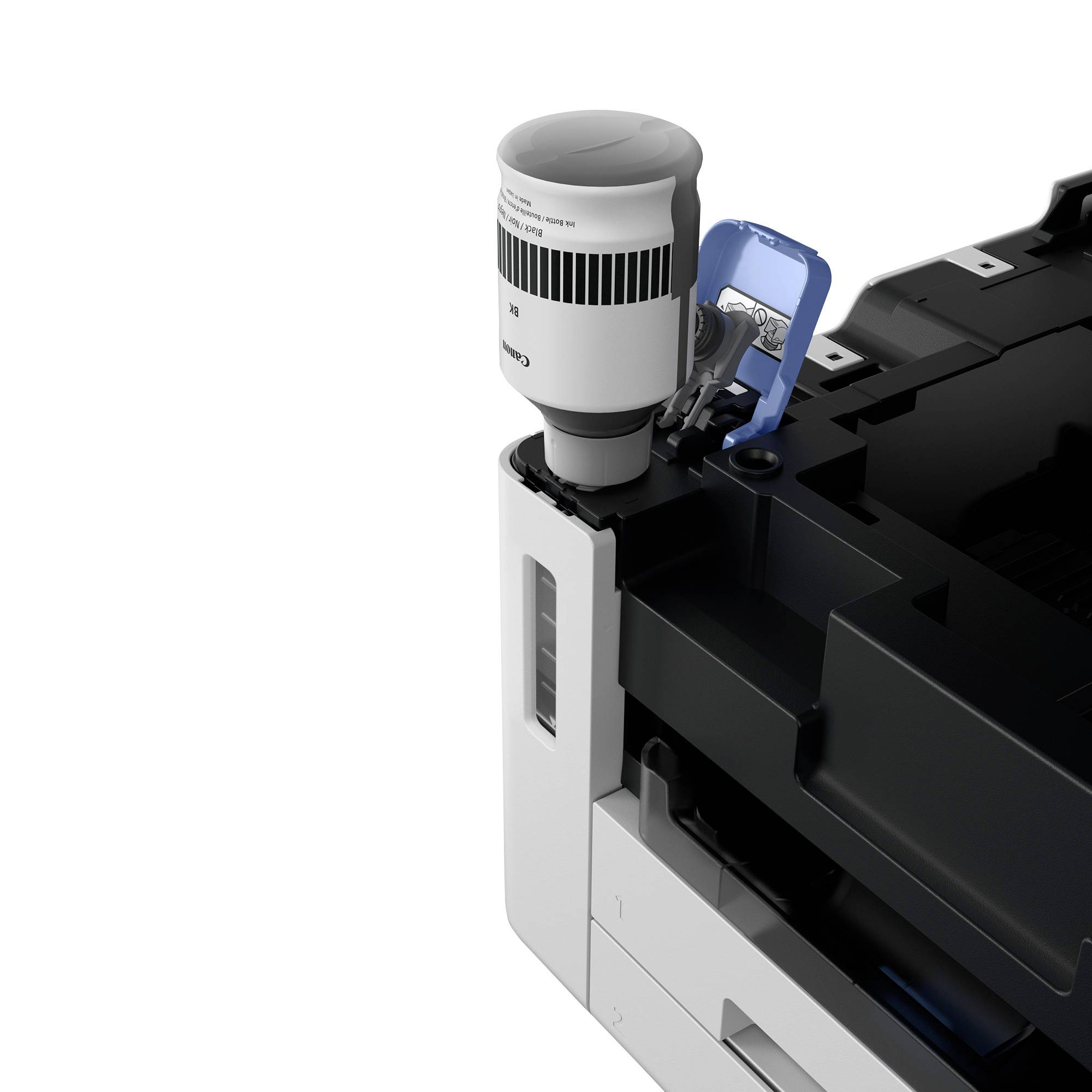 Een printer met opengeslagen klep toont een zichtbare blauwe inktpatroon en de printkop, klaar voor onderhoudswerkzaamheden.