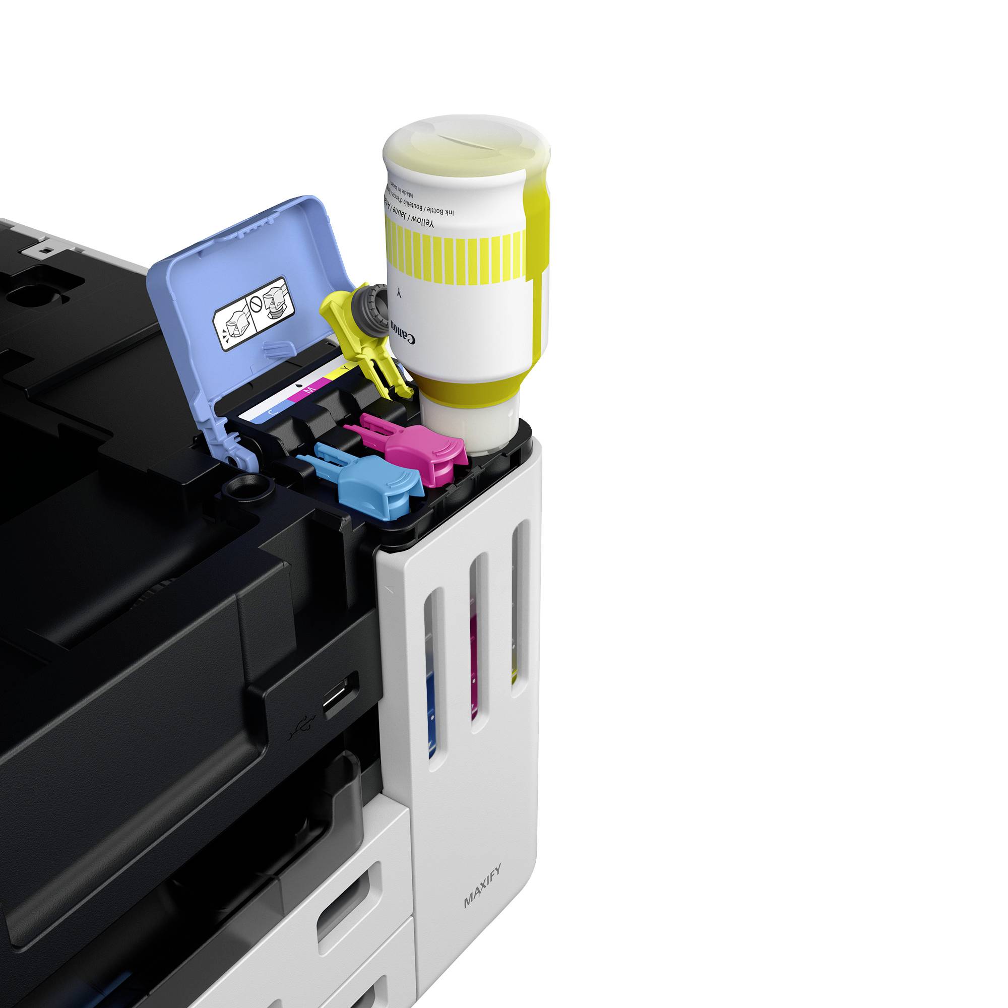 Een printer met geopende afdekking toont het bijvullen van een gele inktcartridge. De cartridge wordt bijgevuld met behulp van een fles.