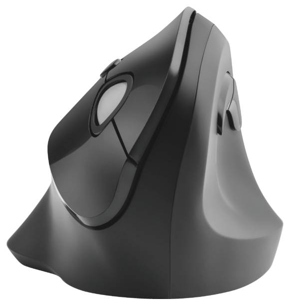 Een ergonomische, verticale computermuis met trackball, die de belasting op de pols en onderarm vermindert door zijn bijzondere vorm.