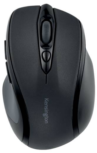 Zwarte, draadloze computermuis van Kensington met ergonomisch ontwerp, scrollwiel en twee primaire knoppen, bovenaanzicht.