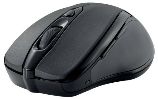 Een zwarte, draadloze computermuis met scrollwiel en twee hoofdtoetsen, geschikt voor dagelijks gebruik bij computers.