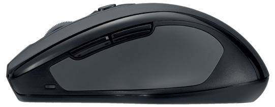 Zwarte draadloze computermuis van opzij gezien, toont ergonomisch ontwerp met meerdere knoppen voor uitgebreide functies.