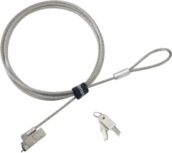 Een metalen veiligheidskabel met twee sleutels ernaast. Het kabel heeft een lus en een vergrendelingsmechanisme.