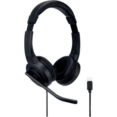 Zwart headset met verstelbare microfoon en USB-C-aansluiting, ideaal voor telefoongesprekken of videoconferenties.