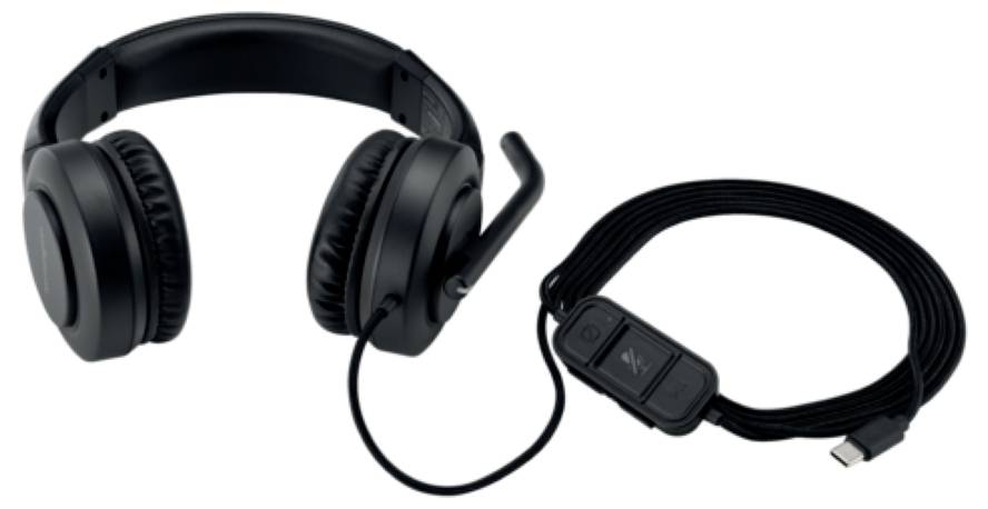 Een zwarte headset met oorkussens, een microfoonarm en een afneembare kabel met afstandsbediening en USB-C-aansluiting.
