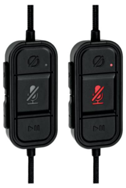 Twee schakelaars voor microfoonbediening: links met grijs symbool toont 'Gedempt', rechts met rood symbool toont 'Microfoon actief'.