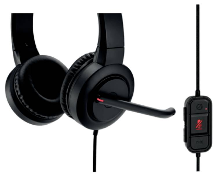 Zwarte koptelefoon met microfoon, geïntegreerde volumeregeling en muteknop op de kabelbesturing.