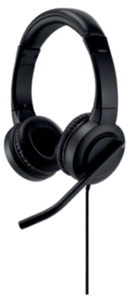Zwarte over-ear koptelefoon met geïntegreerde microfoon en kabel, geschikt voor telefoongesprekken of pc-gebruik.