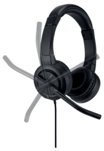 Koptelefoon met verstelbare microfoon die meerdere posities kan innemen.