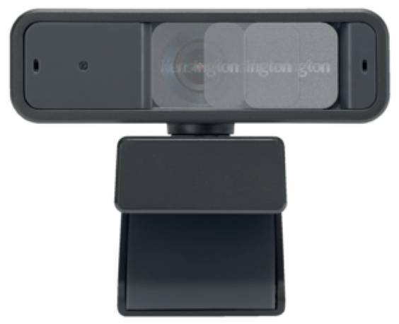Een zwarte webcam met geïntegreerde schuifdeksel ter bescherming van de lens. Hij beschikt over een eenvoudig bevestigingssysteem.