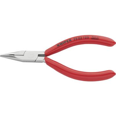 De afbeelding toont een rode punttang van het merk Knipex met smalle bekken. 'Made in Germany' staat op de handgreep.
