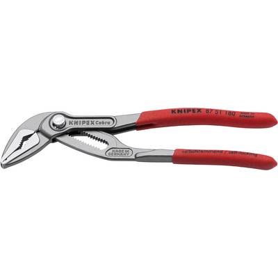 Een Knipex-tang met rode handgrepen en een zilveren kop. Op de handgreep staat 'zelfklemmend/self-locking', gemaakt in Duitsland.