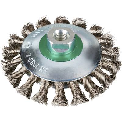Ronde staalborstel met gevlochten staaldraden en metalen bevestiging. Wordt gebruikt voor het reinigen van metalen oppervlakken.