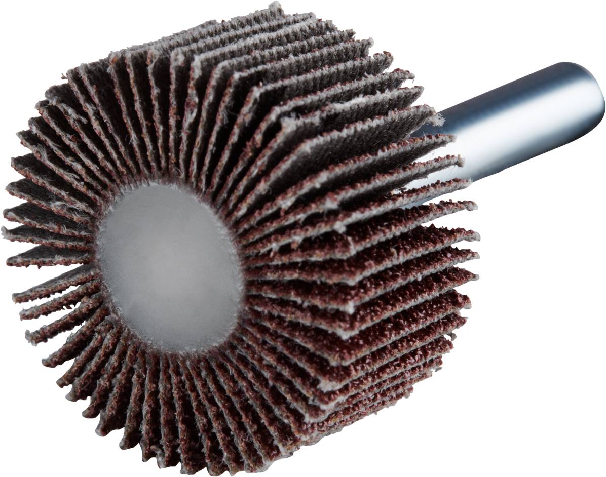 Een slijpopzetstuk met meerdere lamellen van abrasief materiaal, gemonteerd op een metalen stift, voor oppervlaktebewerking.