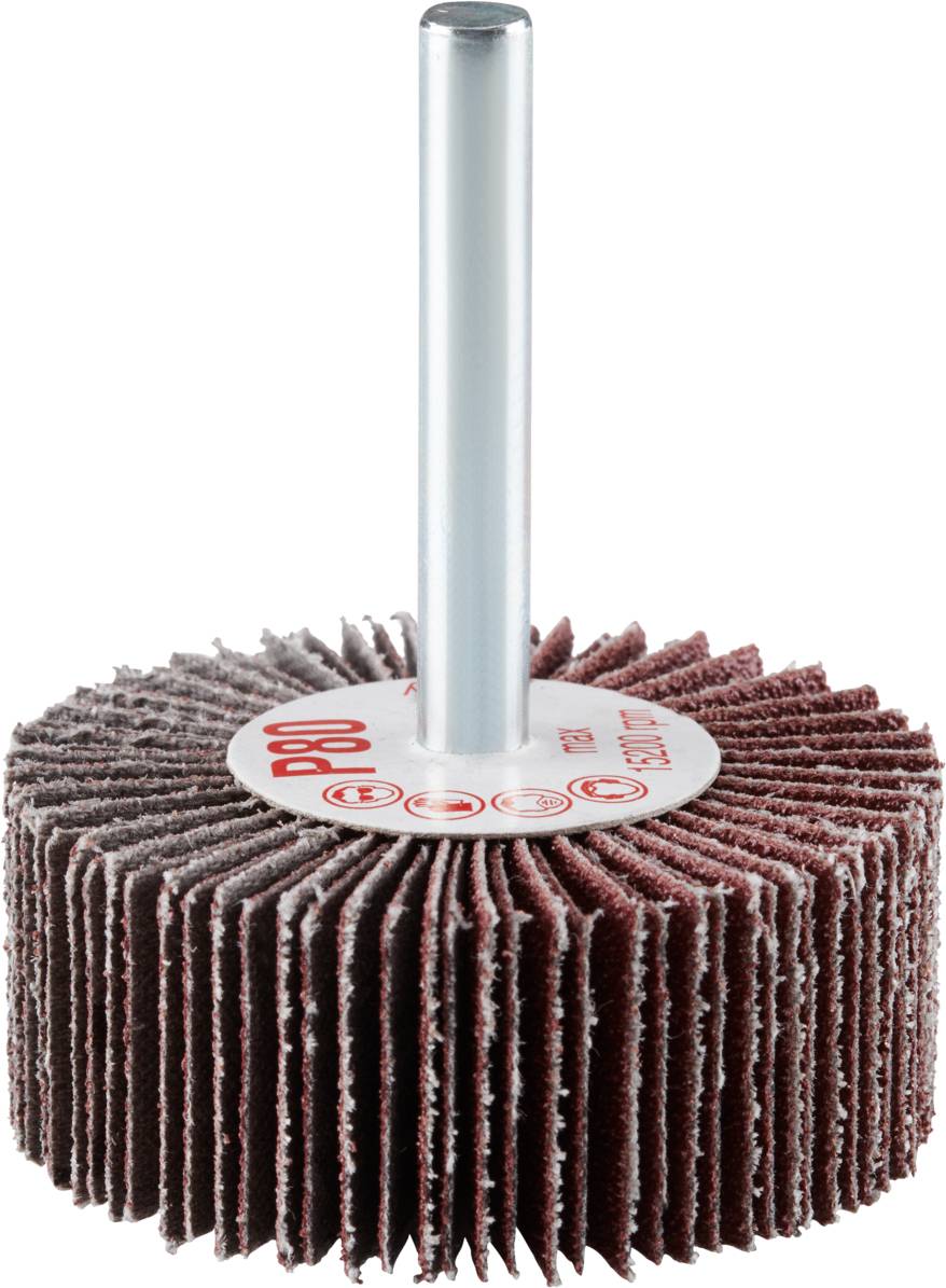 Slijpmop met roodbruine lamellen en een metalen pin voor bevestiging. Geschikt voor slijpwerkzaamheden op veeleisende oppervlakken.