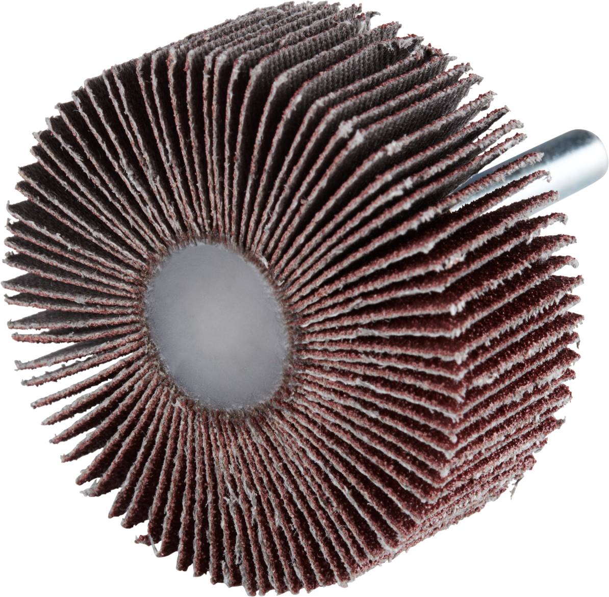 Slijprol met roodbruine lamellen voor oppervlaktebewerking, gemonteerd op een metalen stang. Gebruikt voor het gladmaken en polijsten.