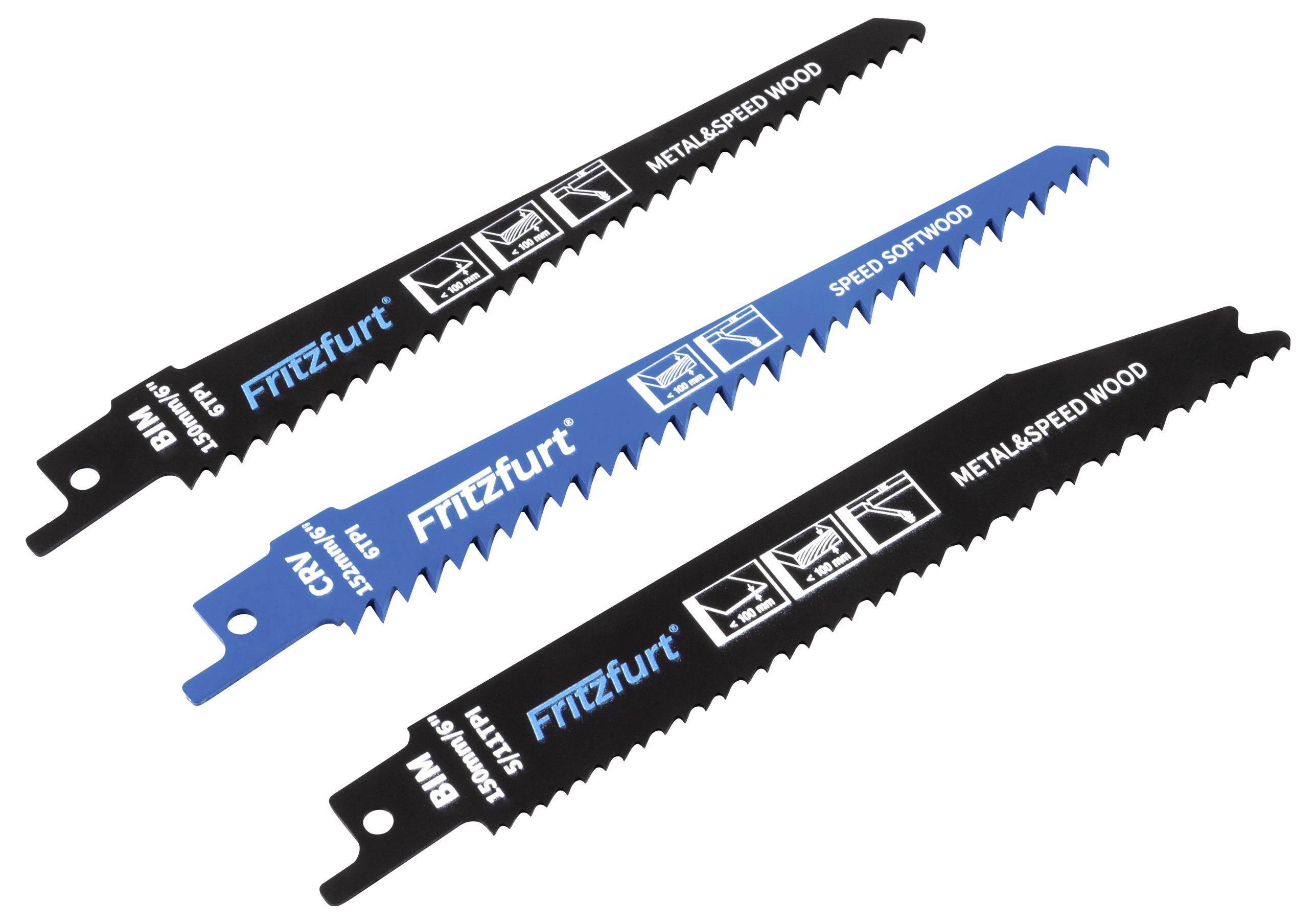 Een set van drie zaagbladen voor het zagen van metaal en hout, met verschillende tandontwerpen en kleuren.