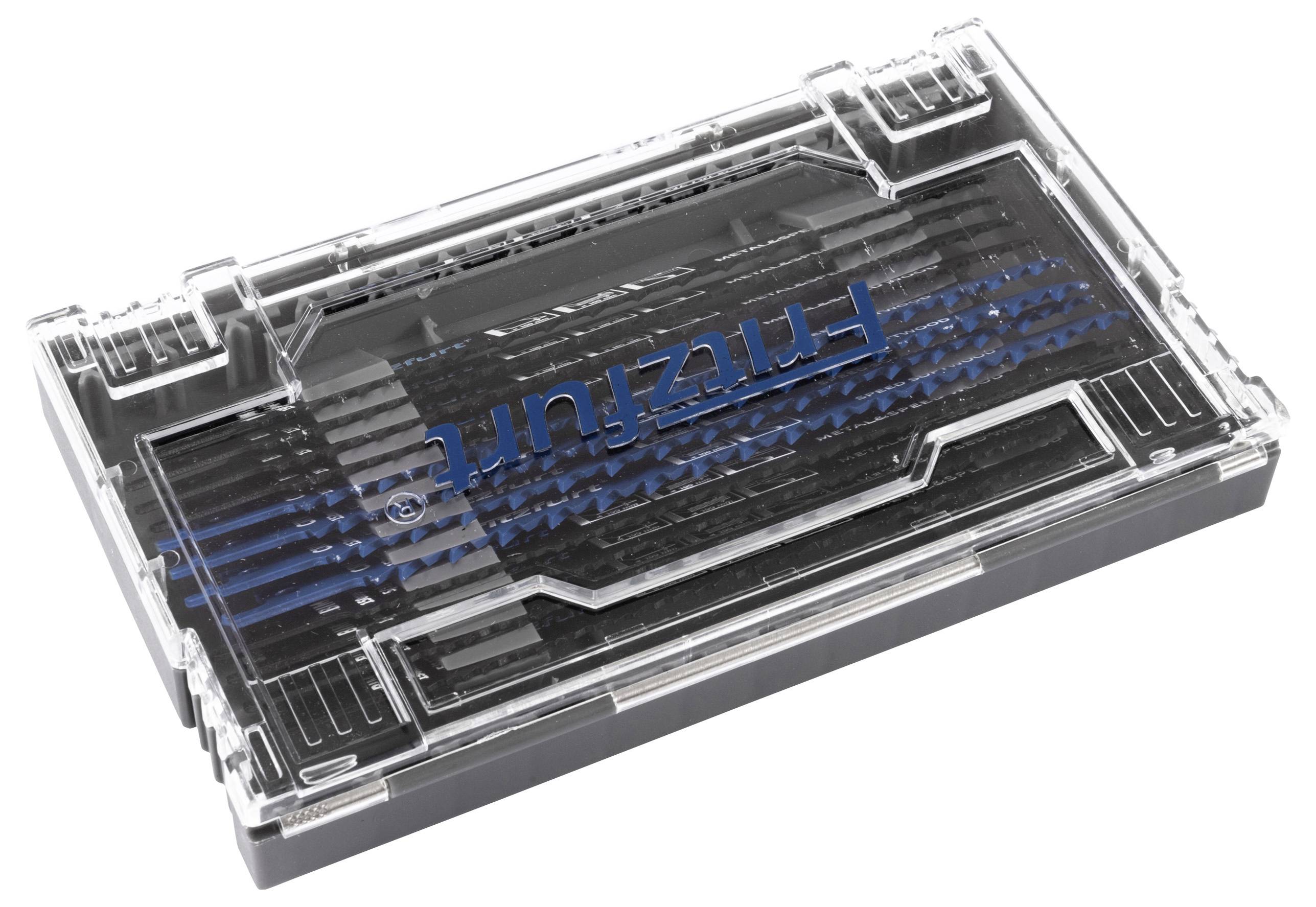 Een transparante kunststof behuizing met een blauw logo, gevuld met verschillende rijen zwarte zekeringen.
