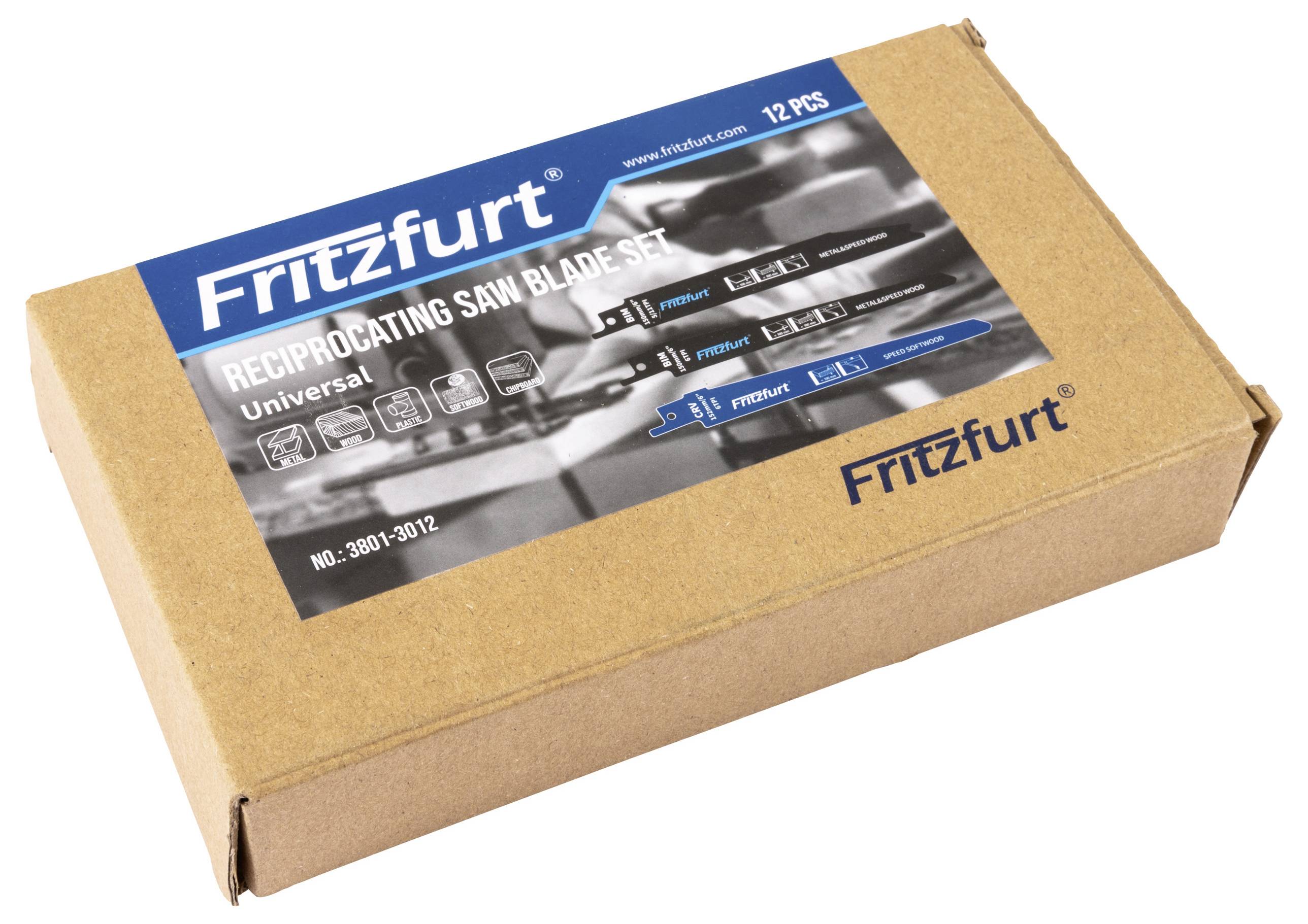 Doos gelabeld 'FRITZfurt Reciprocating Zaagbladenset, 12 stuks' met afbeelding van zaagbladen.