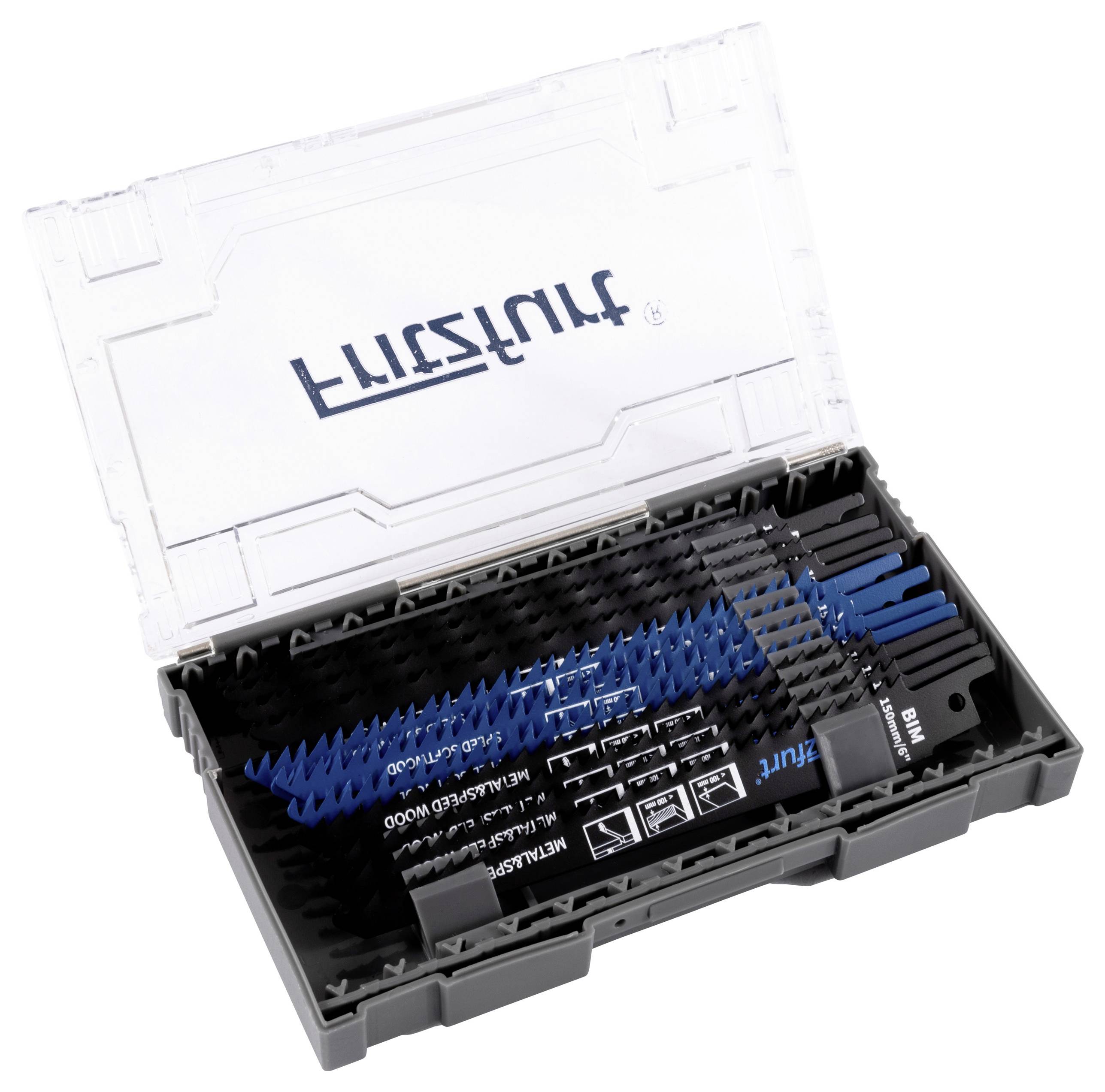 Een heldere plastic behuizing met verschillende blauwe en zwarte zaagbladen, netjes georganiseerd in secties, voorzien van labels voor eenvoudige selectie en gebruik.