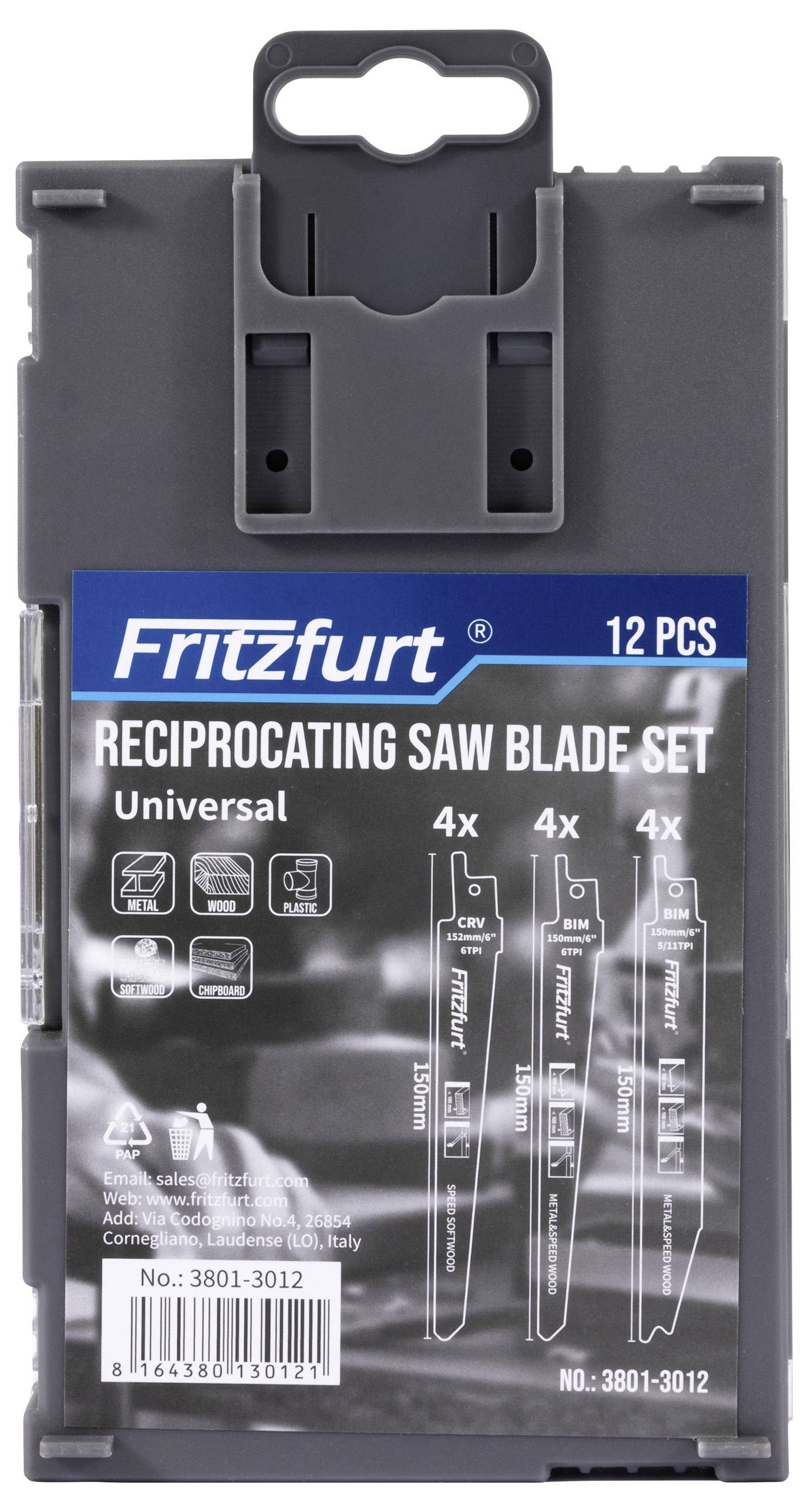 Reciprocating zaagbladset verpakking toont het merknaam 'Fritzfurt', bevat 12 stuks met drie verschillende bladtypes voor uiteenlopende materialen.