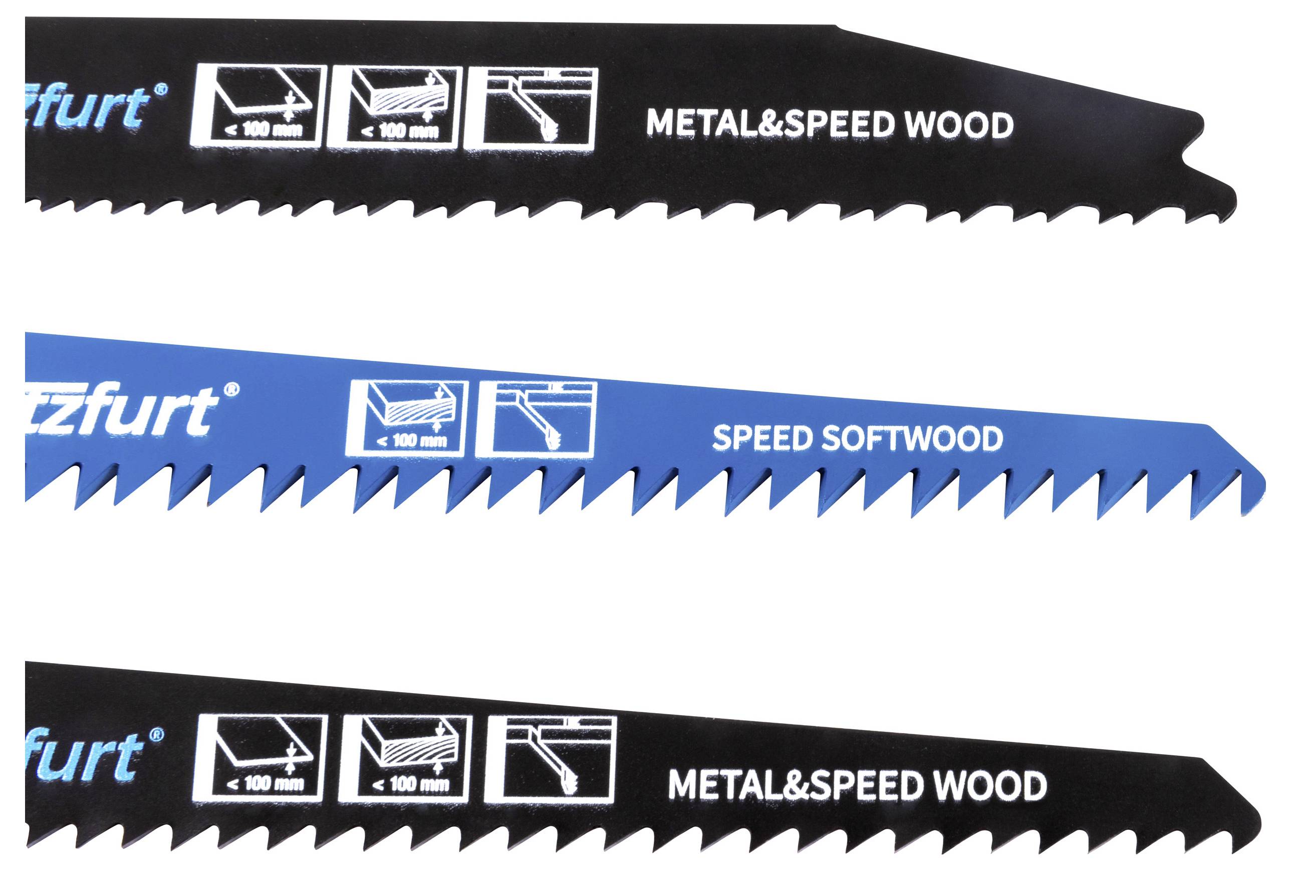 Zaagbladset met drie types: 'Metaal & Snel Hout' getande zaagblad, 'Snel Zacht Hout' met fijnere tanden, en 'Metaal & Snel Hout' gezaagd zaagblad.