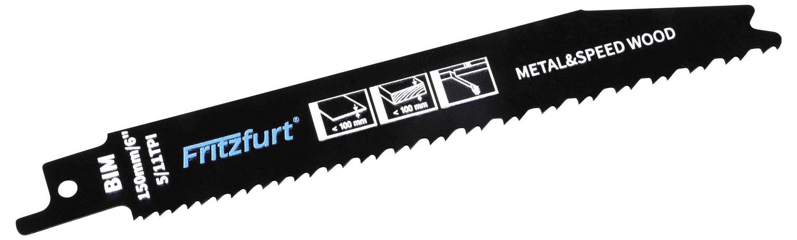 Een zwarte reciprozaagblad gelabeld 'METAAL & SNELHEID HOUT', met pictogrammen die geschikte toepassingen weergeven en een '150mm' markering voor lengte.