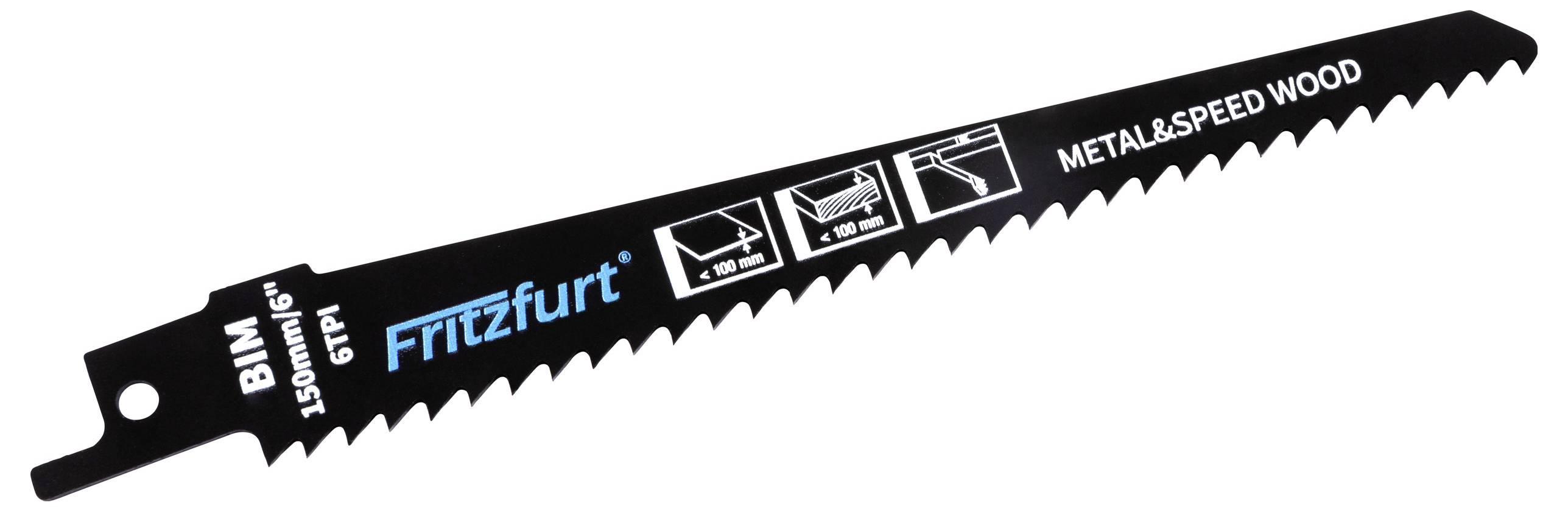 Een zwarte zaagblad van 150 mm, gelabeld 'Fritzfurt' met pictogrammen die gebruik voor metaal en hout aangeven.