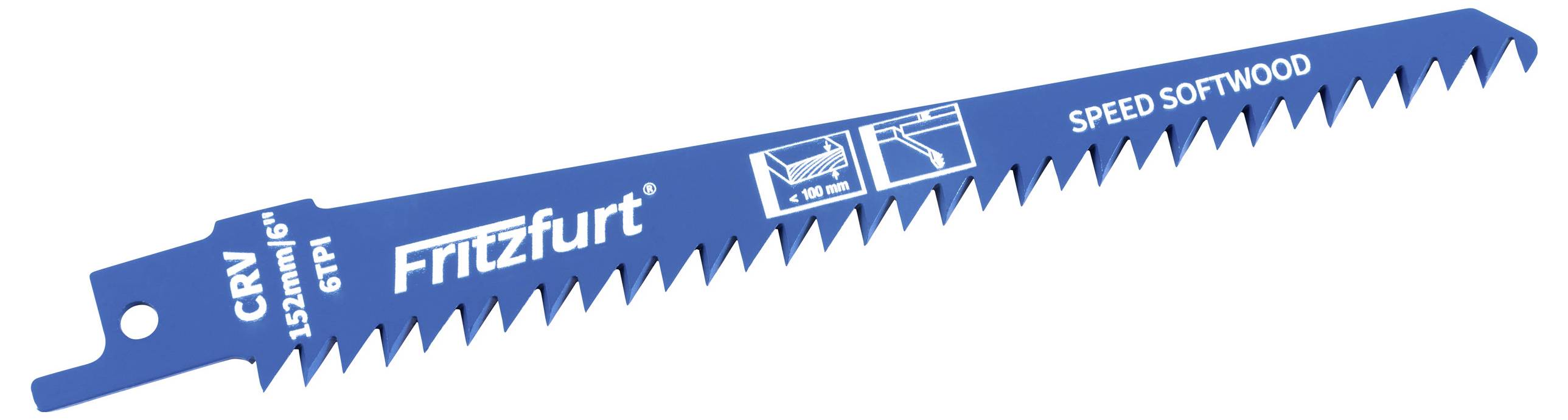 Een blauwe reciprozaagblad gelabeld als 'Fritzfurt' met 'CRV', '152mm/6'', en '6TPI'. Gemarkeerd als 'SPEED SOFTWOOD' voor efficiënt hout zagen.