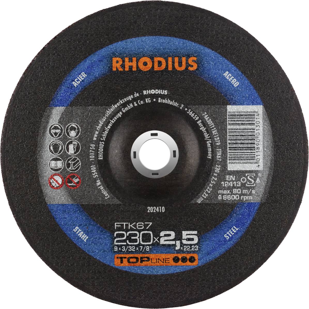 'Rhodius' slijpschijf voor staal, diameter 230 mm, dikte 2,5 mm, max. 80 m/s, 6.500 tpm, TopLine-kwaliteit, Norm: EN 12413.