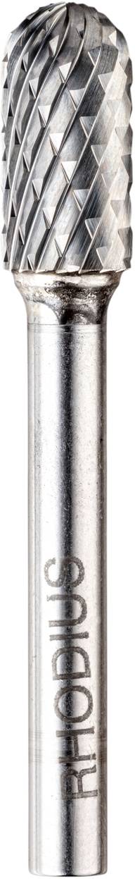 Een cilindrische frees met schuin geslepen snijkanten en het opschrift 'RHODIUS'. Geschikt voor precies frezen van metalen.