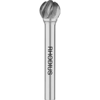 Een cilindrische freespen met een bolronde punt en de opdruk 'RHODIUS', gebruikt voor het slijpen en vormgeven van materialen.