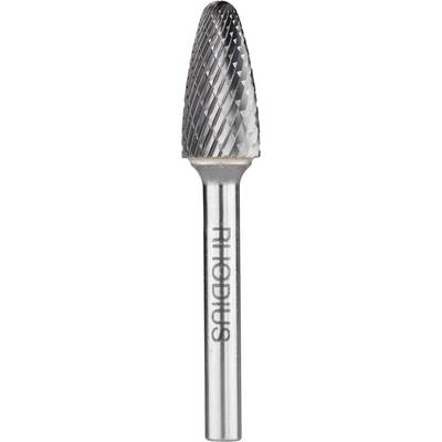 Een roterend hardmetalen freesstaafje met een cilindrische schacht en een kegelvormige punt, geschikt voor metaalbewerking.