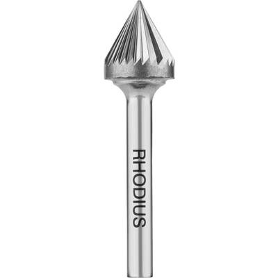 Een kegelvormige freesstift met de merknaam 'RHODIUS' op de schacht. Geschikt voor nauwkeurig materiaalverwijderen in werkplaatsen.