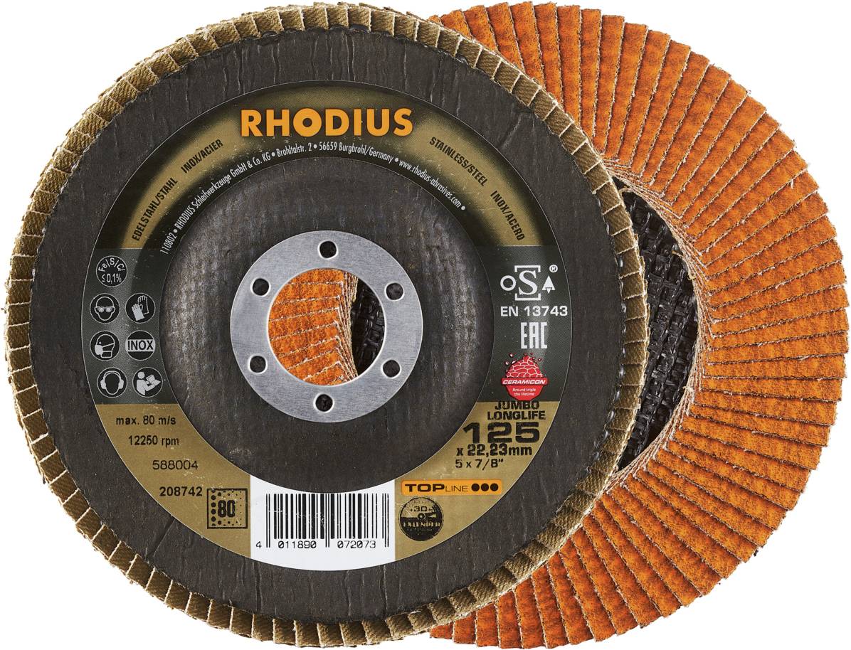 Twee oranje-bruine slijpschijven met het opschrift 'RHODIUS' en productdetails. Ze beschikken over een centraal gat voor bevestiging.