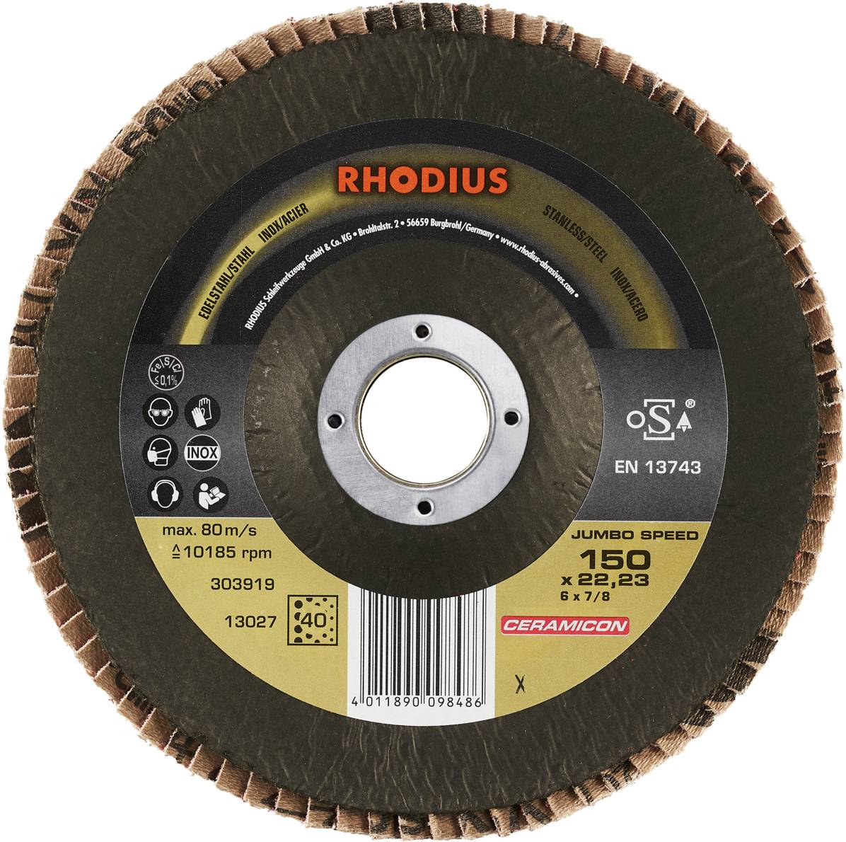 'Slijpschijf met opschrift RHODIUS, max. 80 m/s, 11085 omw/min. Geschikt voor staal, roestvrij staal. Diameter: 150 x 22,23 mm.'