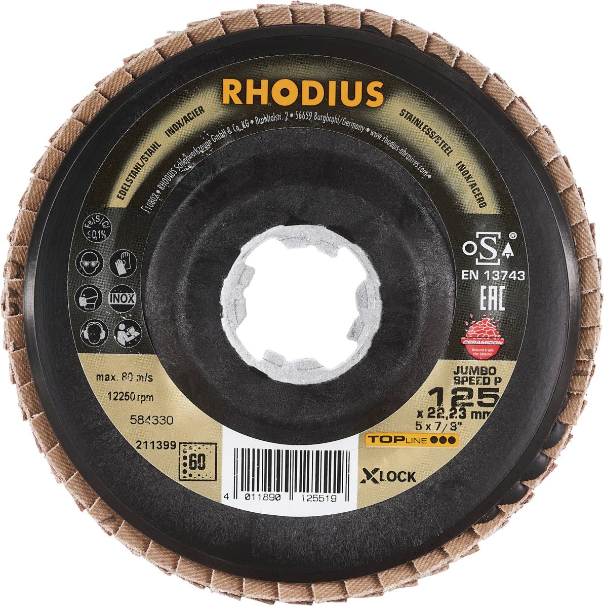 Doorslijpschijf met het opschrift 'RHODIUS', specifieke productinformaties en symbolen voor materialen en normen.