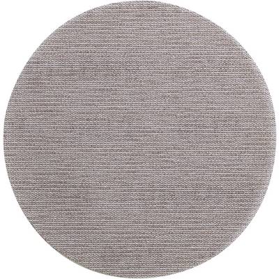 Een rond tapijt met een gestructureerd, grijs-beige patroon op een witte achtergrond.