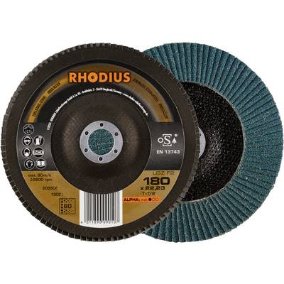 'RHODIUS Flap Disc' toont twee slijpschijven: aan de ene kant fabrikant- en productinformatie, aan de andere kant slijplamellen.