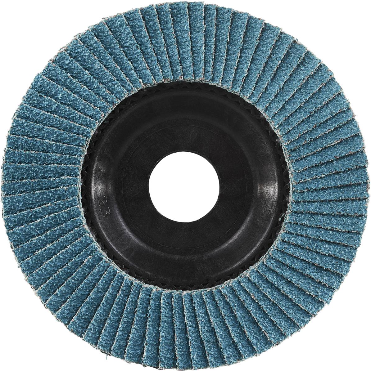 Een ronde slijpschijf met blauwe lamellen en een zwart midden, gebruikt voor het slijpen van metaaloppervlakken.