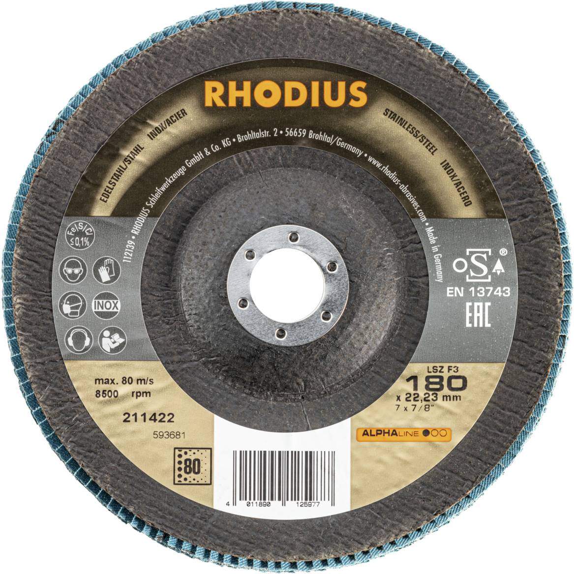 De afbeelding toont een lamellenschijf van 'RHODIUS', geschikt voor roestvrij staal. Diameter: 180 mm, max. 80 m/s, 8500 rpm.